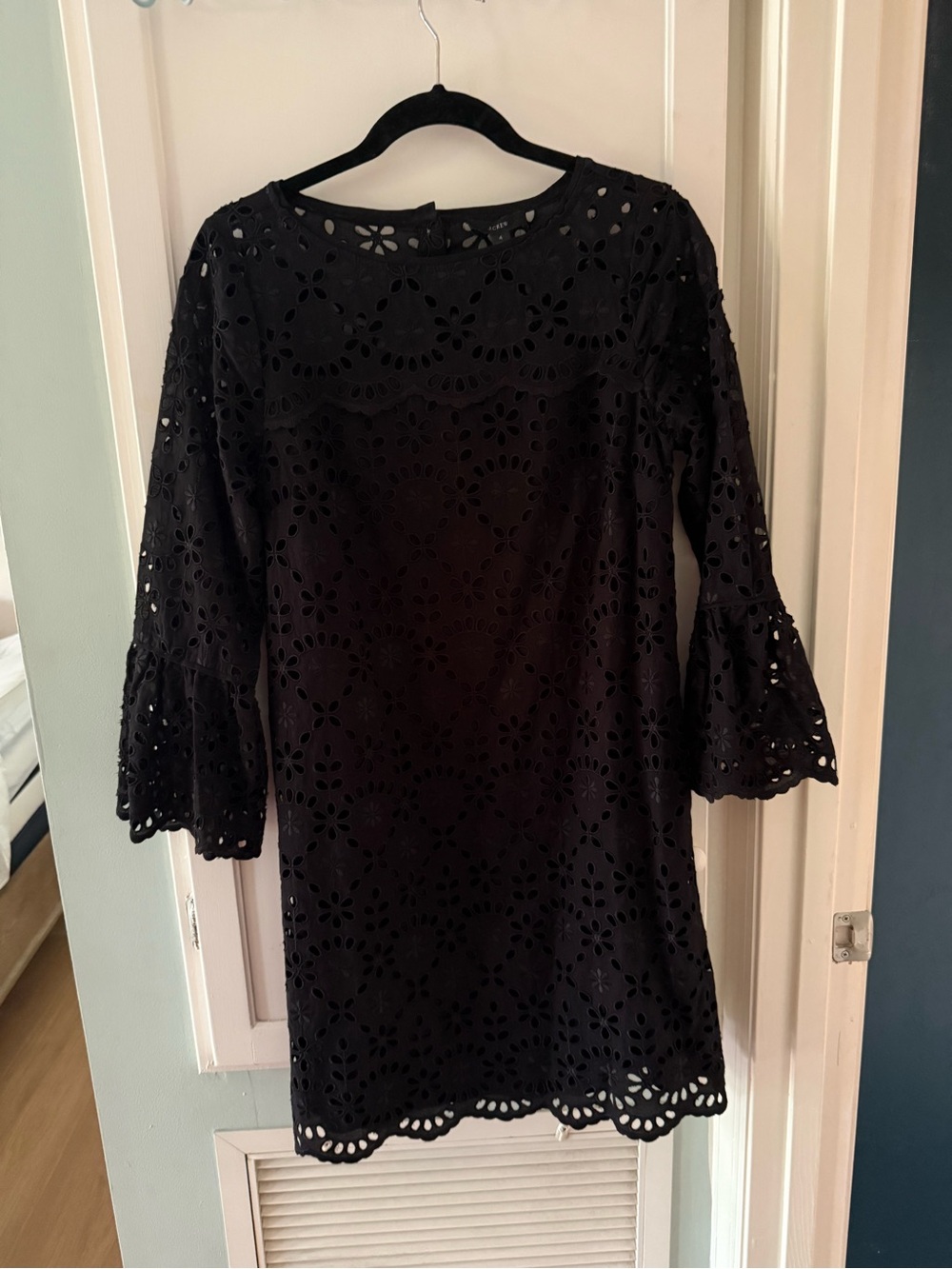 J. Crew Black Eyelet Bell-Sleeve Shift Dress Bell Sleeved